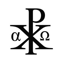 Vector Illustration Of The Christian Sacred Chi Rho Symbol- Alpha And Omega Version. Christ Black Monogram Icon Isolated On White Background