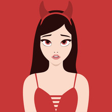 Sexy She Devil Girl In Red Outfit Vector Illustration. Halloween Party Sad Woman Character Looking Up To Her Devil's Horns  