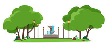 Public Park With A Fountain And Street Lamps. Vector Illustration On White Background.