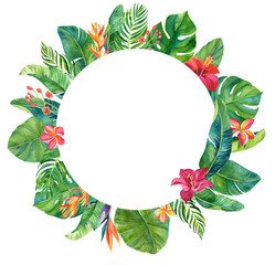 Wall Mural - Frame with tropical flowers and leaves. Bright tropics! For wedding invitations, cards, save the date, banners, birthdays and other