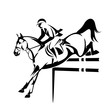 horseman during show jumping competition - man riding horse flying down black and white vector design