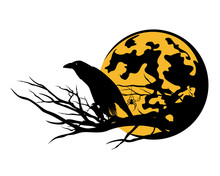 Creepy Black Raven Sitting On Bare Tree Branch Against Full Moon - Halloween Theme Vector Design