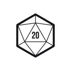 Vector 20 sided game dice multi sides. 20d dice black line art icon. Isolated on white background.