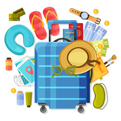 Wall Mural - Suitcase Tourism Items Composition