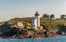 France, Brittany, Goulet De Brest, Plouzane, Petit Minou Lighthouse (1848) And Old Radar Tower Of The Semaphore Of The National Navy (military Field)
