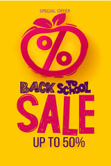 Wall Mural - Back to school sale banner with red apple and percent symbol, vector illustration. Hand lettering sketch and doodle logo on yellow background.