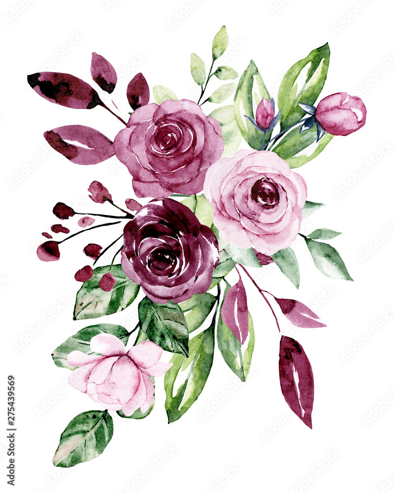Watercolor roses, flower bouquet. Floral vintage illustration with flowers for greeting cards, wedding invitations, and other printing projects. Isolated on white background. - obrazy, fototapety, plakaty 