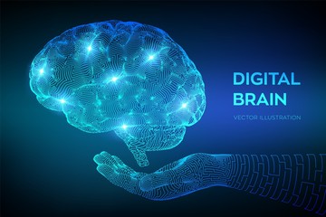 Wall Mural - Brain. Digital brain in hand. 3D Science and Technology concept. Neural network. IQ testing, artificial intelligence virtual emulation science technology. Brainstorm think idea. Vector illustration.