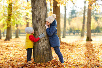 Poster - childhood, season and family concept - happy children at tree trunk in autumn park