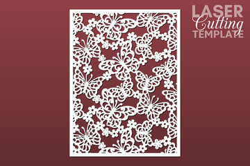 Wall Mural - Laser cut cabinet fretwork perforated panel with pattern of butterflies and flowers. Template for cutting exterior, vector. Rate 3:4. Metal, paper or wood carving. Outdoor screen.