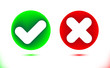 © Nanotrillion - White checkmark and crosshair icon in green and red circles. Tick set symbol. Modern infographics colorful ornamental ui element in light background. Luxury design with shadow. Vector illustration