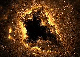 Wall Mural - Abstract vibrant golden fractal clouds hole on black background.