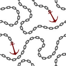 Seamless Vector White Chain With Steel Ship Anchor. Isolated On White Background.