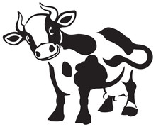 Cartoon Spotted Cow . Black And White Icon, Logo , Emblem . Isolated Vector Illustration