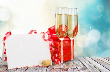 Wall Mural - Champagne Flutes with Streamer, Blank Card and Gift Box