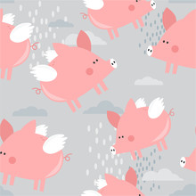 Happy Pigs With Wings, Hand Drawn Backdrop. Colorful Seamless Pattern With Animals, Clouds. Decorative Cute Wallpaper, Good For Printing. Overlapping Background Vector. Design Illustration