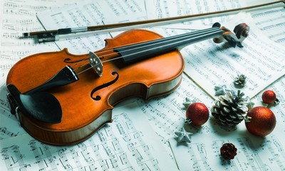 Sticker - Close-up Photo Of Violin, Musical Notes and Christmas decoration