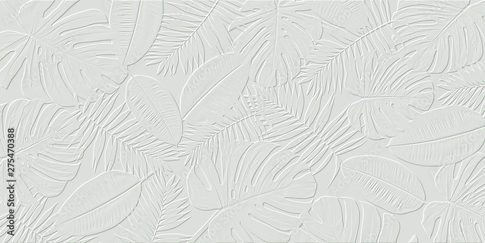 Horizontal artwork composition of trendy tropical green leaves - monstera, palm and ficus elastica isolated on white background (computer rendered). - obrazy, fototapety, plakaty 