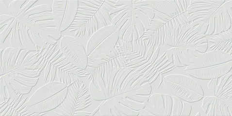 horizontal artwork composition of trendy tropical green leaves - monstera, palm and ficus elastica i