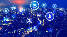 Bitcoin Theme With Aerial View Of Tokyo, Japan At Night