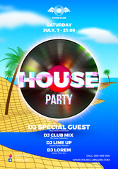 Poster - Beach party poster for clubbing dance event with 80s retro or synth wave style and palm trees