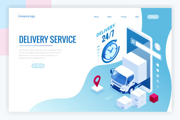 Wall Mural - Isometric Logistics and Delivery concept. Delivery home and office. City logistics. Warehouse, truck, forklift, courier, drone and delivery man.