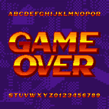 Game Over alphabet font. Digital gradient letters and numbers on pixel background. 80s retro arcade video game typeface.