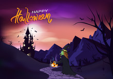 Happy Halloween, Poster Invitation Greeting Card, Witch And Cat Walk To Castle, Fantasy Concept Horror Story Pink Pastel Background Vector Illustration