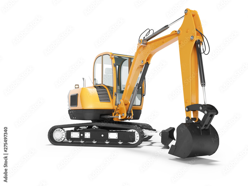 Orange mini crawler excavator on rubber tire with turned cabin to the left 3d render on white background with shadow - obrazy, fototapety, plakaty 