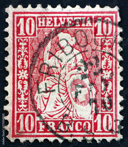 Fotomural Postage stamp Switzerland 1867 Helvetia, female personification of Switzerland