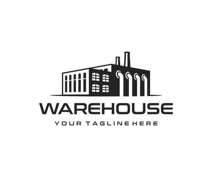 Industrial manufacturing building logo design. Industrial factory and warehouse vector design. Industrial production logotype