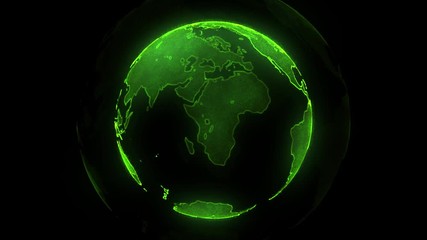 Wall Mural - Digital green planet of Earth. Rotating globe with shining continents. 3D animation with digital Earth and particles. Abstract global business concept