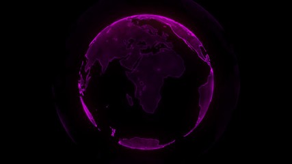 Wall Mural - Digital neon planet of Earth. Rotating globe with shining continents. 3D animation with digital Earth and particles. Abstract global business concept