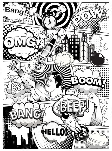Dekoracja na wymiar  czarno-biala-strona-komiksu-podzielona-liniami-z-dymkami-rakieta-reka-superbohatera