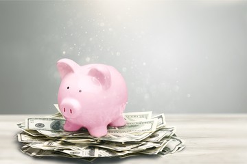 Wall Mural - Pink piggy bank on dollars bills on white background
