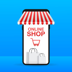 Poster - shopping online on website. online store, shop concept on smartphone screen. vector stock illustrati