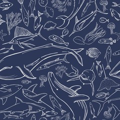  Hand drawn whales and fish. Vector  seamless pattern.