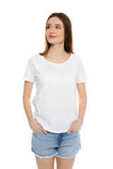 Wall Mural - Young woman in t-shirt on white background. Mock up for design