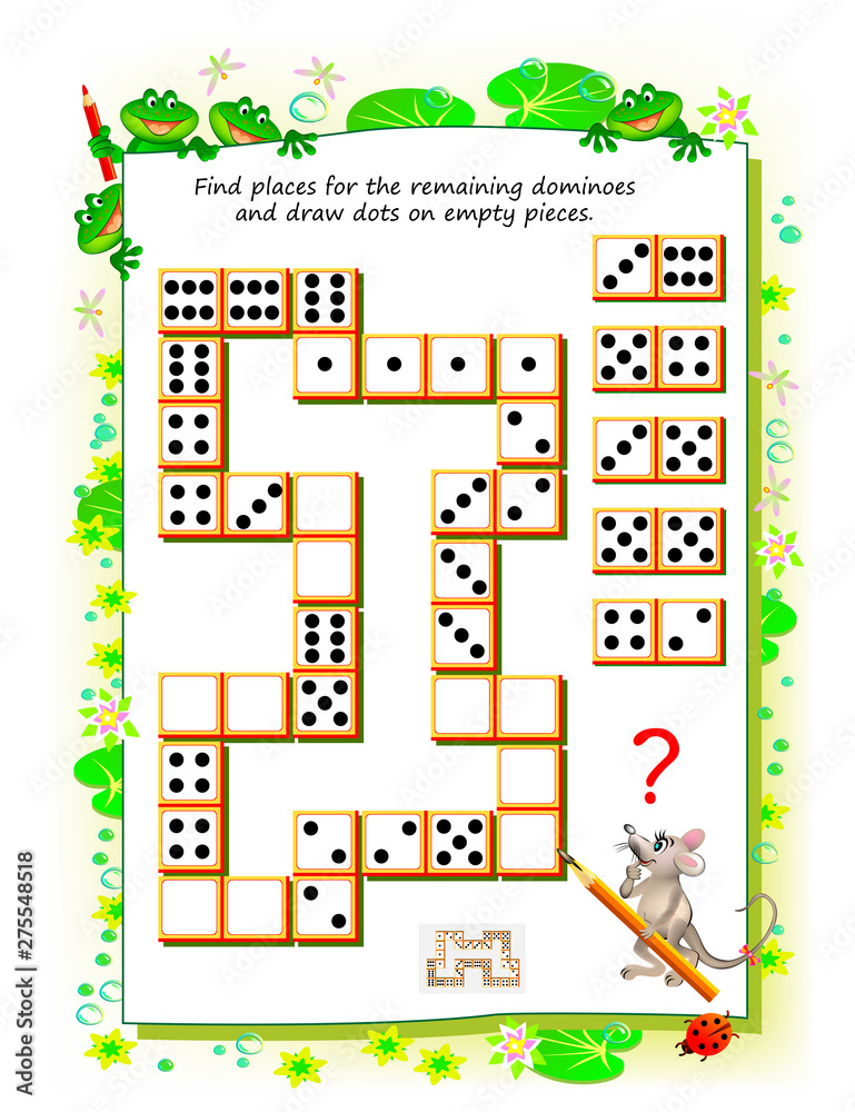 Logic puzzle game for little children. Need to find places for the remaining dominoes and draw logic-puzzle-game-for-little-children-need-to-find-places-for-the-remaining-dominoes-and-draw
