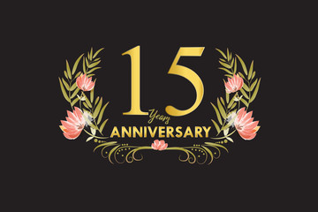 Wall Mural - 15 Years anniversary golden watercolor wreath illustration