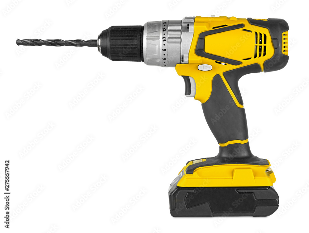 Yellow cordless electronic screwdriver drill hand tool isolated white backgroun. DIY industry construction hobby concept - obrazy, fototapety, plakaty 
