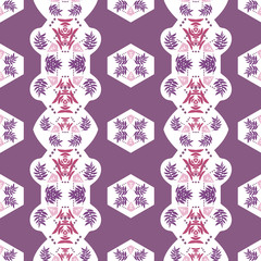 Wall Mural - Detailed intricate geometric seamless pattern in purple, pink, white and green. Palm leaves give it a majestic feel. Great for textiles, fashion, paper, home decor and stationery items. Vector.