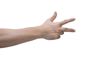 Man hand showing three fingers isolated on white background with clipping path.