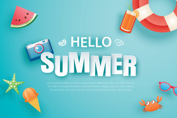 Wall Mural - Hello summer with decoration origami on blue background. Paper art and craft style. Vector illustration of life ring, camera, sunglasses.