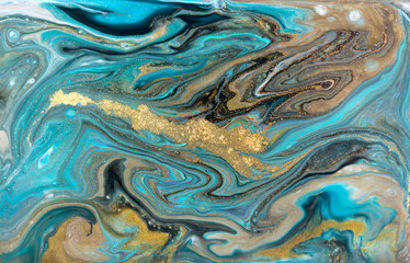  Blue and gold marbling pattern. Golden powder marble liquid texture.