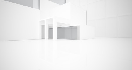 Abstract architectural white interior of a minimalist house with large windows.. 3D illustration and rendering.