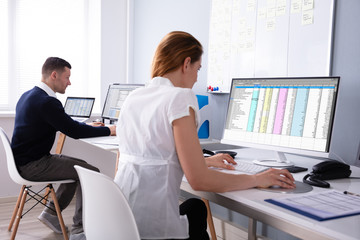 Poster - Businesspeople Examining Report On Computer