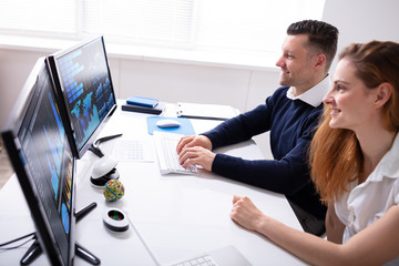 Poster - Happy Stock Market Broker Analyzing Graphs On Desktop