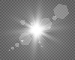 Wall Mural - Special lens flash, light effect. The flash flashes rays and searchlight. illust.White glowing light. Beautiful star Light from the rays. The sun is backlit. Bright beautiful star. Sunlight. Glare.