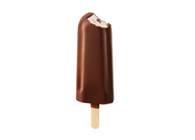 Bitten popsicle with chocolate glaze isolated on white background.